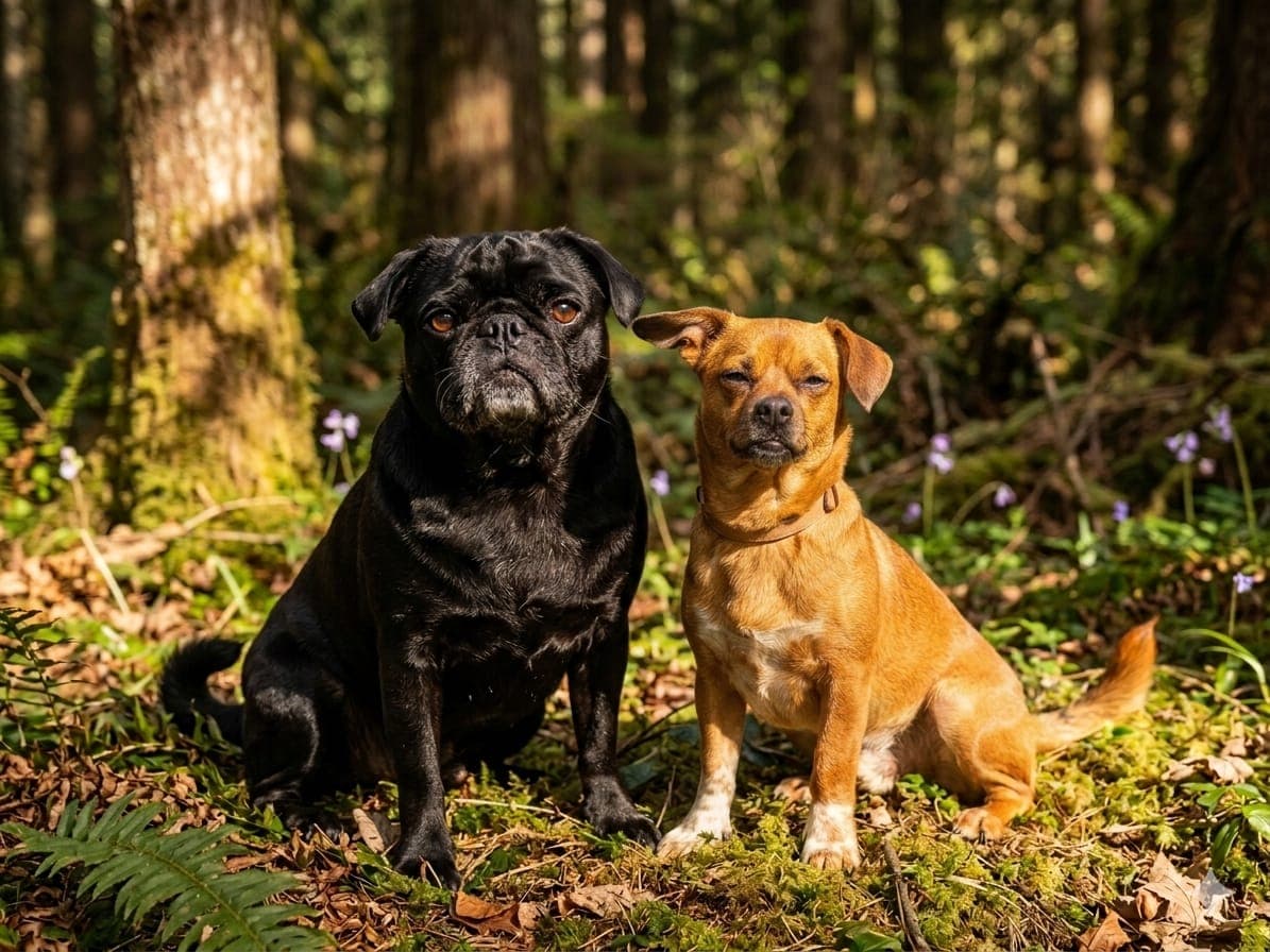 Zwei Hunde sitzen entspannt im sonnendurchfluteten Wald