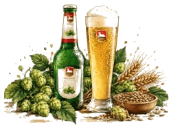 Bierflasche und gefülltes Glas mit Hopfendolden und Ähren