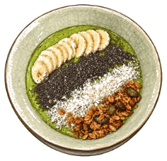 Grüne Smoothie-Bowl mit Banane, Chiasamen, Kokosflocken und Granola