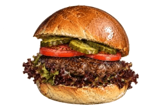 Burger im Brioche Bun mit Salat, Tomate und Essiggurke
