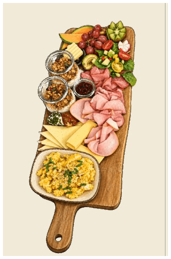 Frühstücksbrett mit Wurst, Käse, Aufstrichen, Rührei, Obst und Gemüse