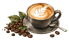 Tasse Cappuccino mit Latte Art, daneben Kaffeebohnen